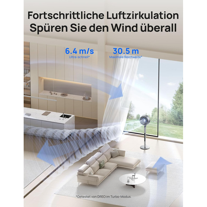 Вентилятор Dreo з інтелектуальним керуванням, 101.6-111.8 см, регульована висота, тихий DC вентилятор для спальні, 120°+85° осциляція, 30.5 м³/хв, срібний