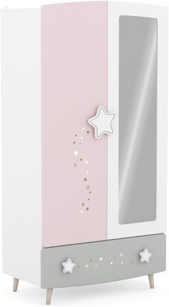 Дитяча шафа Möbelando Prinzessin з дзеркалом та зірками, 2 дверцята, 1 ящик, 2 перекладини, масивні ніжки - 89x185x50 см (Ш/В/Г), Рожево-біло-сірий