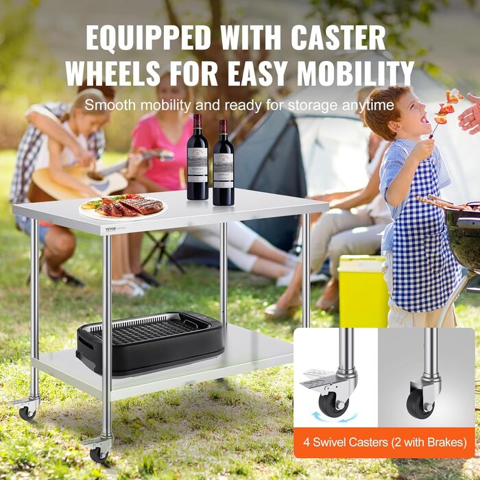 Стол з нержавіючої сталі VEVOR 90x60x85 см, з 4 колесами, регульована висота, для приготування їжі, срібний