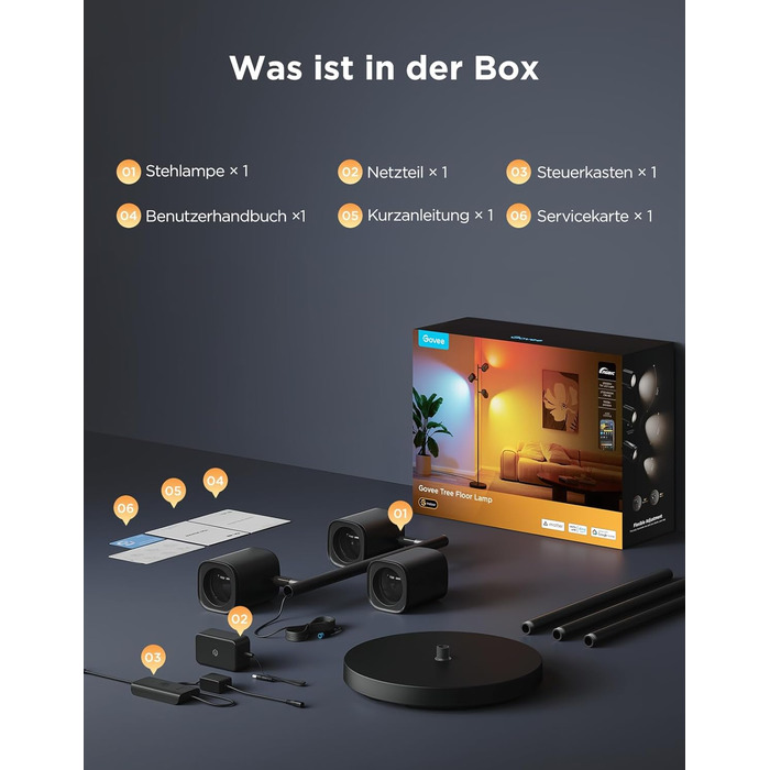 Світлодіодна підлогова лампа Govee 3-Flammen RGBWW, Matter, 1500lm, сумісна з Alexa, 64+ сцени, синхронізація з музикою, 157см, чорна для вітальні, спальні, кабінету