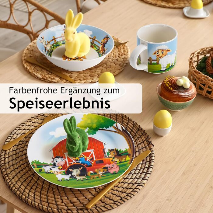 MIAMIO Набір дитячого посуду з порцеляни (3 шт.) - Тарілка, миска, чашка - Для дітей та малюків (Ферма)