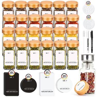 Набір бамбукових кришок для спецій з бамбука | 12 баночок для спецій з етикетками | Організатор спецій для кухні | Скляні контейнери для спецій 120 мл (24 скляні баночки для спецій з бамбуковими кришками)