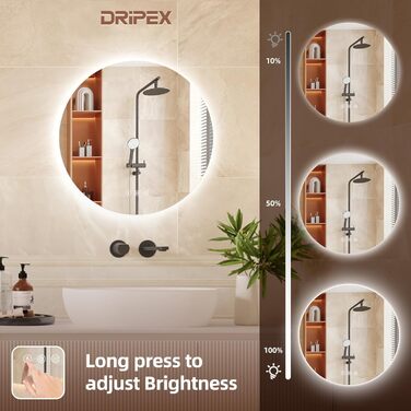 Дзеркало для ванної кімнати Dripex з LED-підсвічуванням, сенсорне керування, регулювання яскравості, 3 кольори світла, антизапар, 80x80 см (кругле, 50x50 см)
