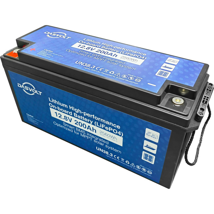 Акумулятор DASVOLT 12V 2560Wh LiFePO4 з BMS для автофургону, домашнього резервування, сонячної енергії, автономної мережі, морського транспорту (100 Ач)