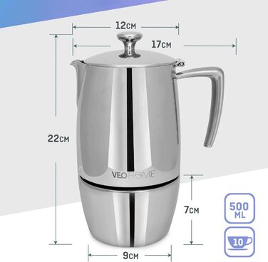 Mokka Pot VeoHome: Кавоварка гейзерна на 10 чашок, 500 мл, нержавіюча сталь, італійська, для Induktion, Gas, Keramik, Elektrik, без алюмінію, з подвійним фільтром