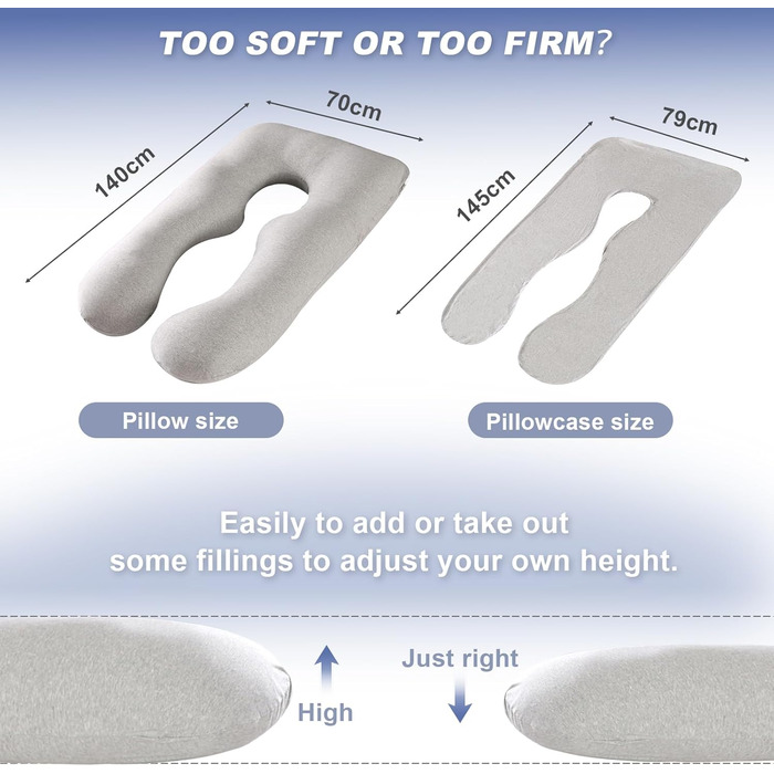 Подушка для вагітних Avmvnvc U-подібної форми, XXL, для сну на боці, знімний чохол з джерсі (сірий)