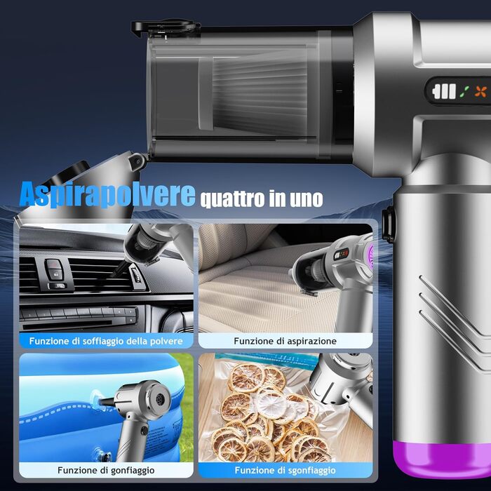 Акумуляторний ручний пилосмок 4 в 1, бездротовий портативний пилосос для авто та дому, 25000Па, з автоматичним очищенням та потужним всмоктуванням для шерсті тварин, сріблястий