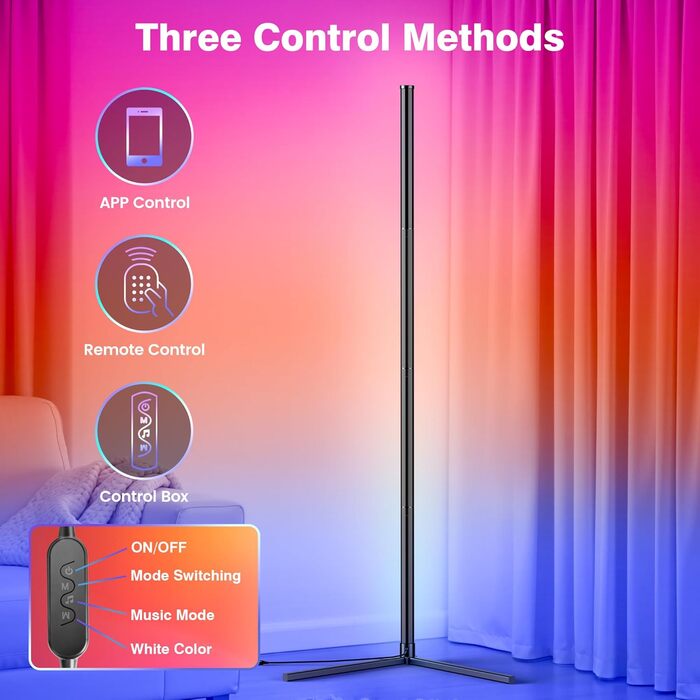 LED Торшер у вітальню RGB з димером, пультом та керуванням через додаток. Кутова LED лампа з 16 млн кольорів, 68+ режимів, музичний режим для спальні та геймінгу