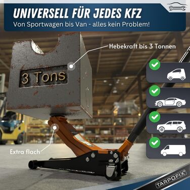 Гідравлічний домкрат Tarpofix® для автомобілів (3т, 85-475мм), низькопрофільний, помаранчевий - Преміум якість