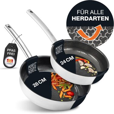 Сковорода з нержавіючої сталі Moritz & Moritz 28 см з керамічним покриттям нового покоління - підходить для всіх типів плит - антипригарна сковорода з вафельною структурою для приготування, смаження та тушкування. Діаметр 28 см (Без кришки, Ø 24 & 28 