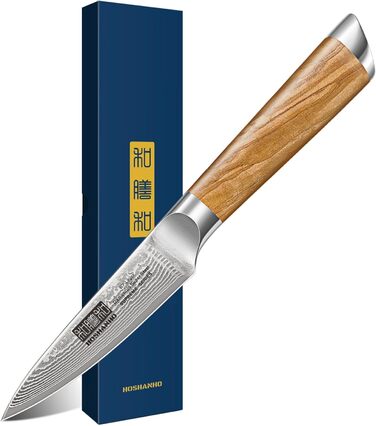 Японський ніж HOSHANHO з дамаської сталі 20 см, 67 шарів, кухонний ніж для приготування їжі, гострий, з ергономічною ручкою оливкового кольору (9.5 см), ніж для очищення
