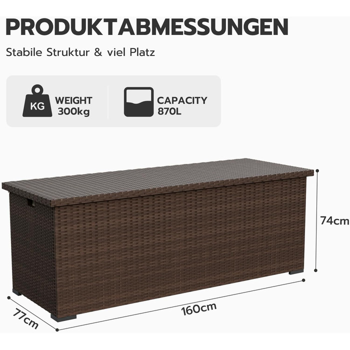 Водонепроникний садовий ящик Amopatio Gartenbox 650л з поліротангу для подушок, металевий з газовими амортизаторами, для саду та балкону, коричневий