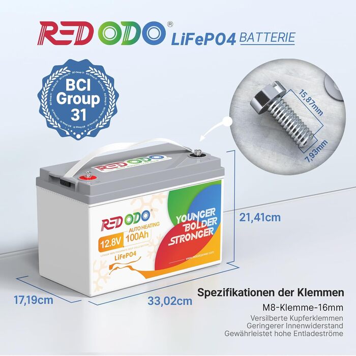 Акумулятор Redodo 12V 100Ah LiFePO4, 100A BMS, літієва батарея глибокого циклу 4000-15000 циклів, максимальна потужність 1280 Вт, ідеальна заміна свинцево-кислотних акумуляторів для караванів, кемпінгу, сонячних домашніх систем, човнів (12V100Ah з самонаг