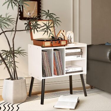 Стіл для програвача вінілу, підставка для програвача в стилі середини століття з місцем для зберігання до 150+ платівок, шафа для вінілових платівок з регульованими полицями (білий)