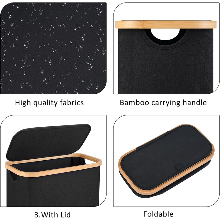 Кошик для білизни Merkisa 60 л з кришкою, високий, тканинний з бамбуковим ручками (чорний)