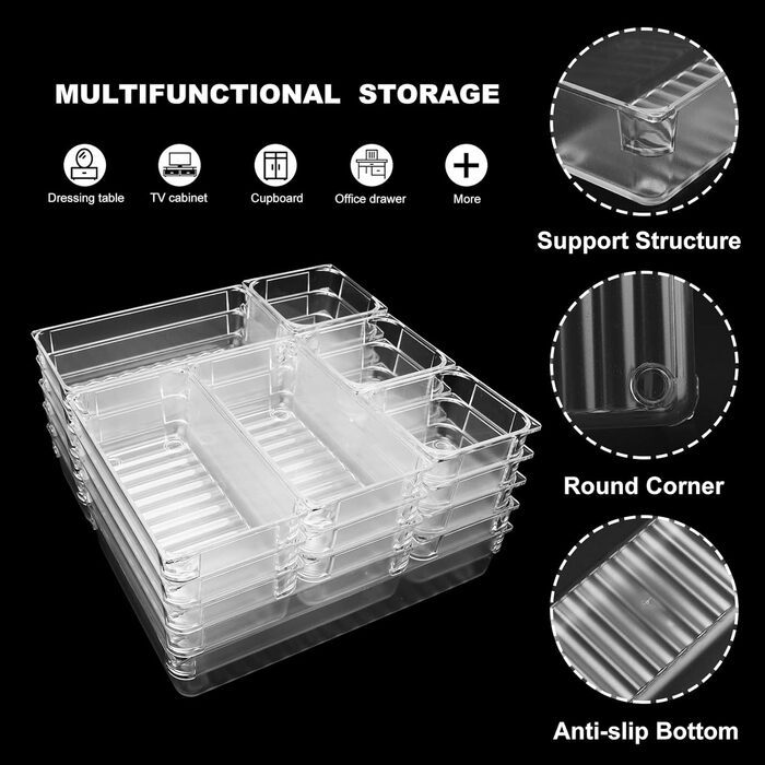Система органайзерів для ящиків, прозора, 5 розмірів для макіяжу, офісу, ванної кімнати, кухні, 22 шт.
