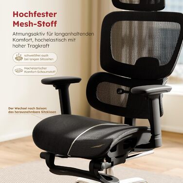 Ергономічне крісло для офісу Voll-Mesh з підголівником, підставкою для ніг, регульованою спинкою, підлокітниками, автоматичною поперековою підтримкою, PU-колесами, поворотним на 360°, до 150 кг, чорне