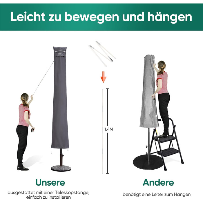 Захисний чохол для парасольки від сонця, сірий (220 x 30/50 см)