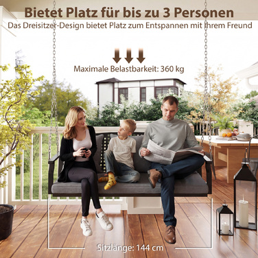 Гойдалка для веранди на 3 особи, садова гойдалка-лавка з 3 спинками, сидінням, кріпленням для підвішування, сірого кольору