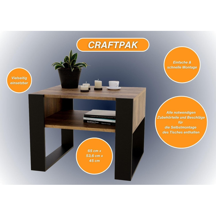 Стіл для вітальні CraftPAK для дивана з високоякісної деревини, міцний і сучасний журнальний столик з додатковим місцем для зберігання, колір ретро чорний