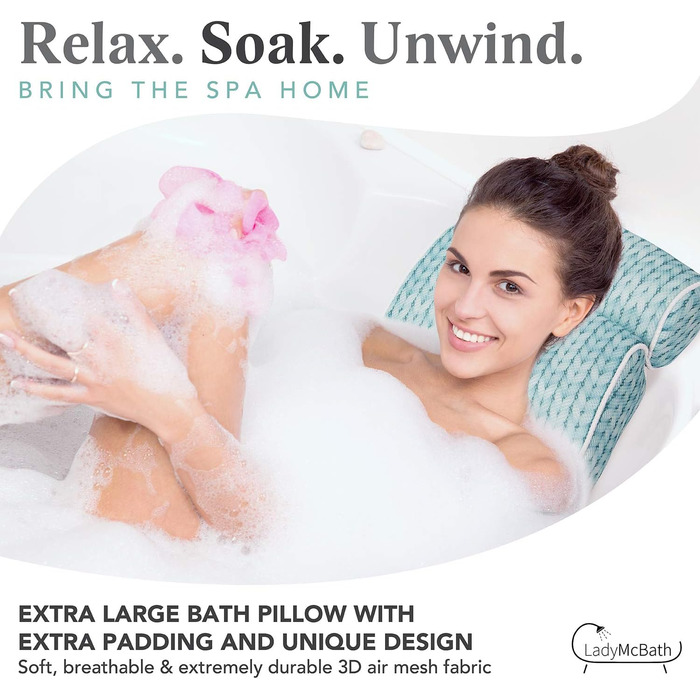 Подушка для ванни Lady McBath – розкішна подушка для ванни з підтримкою шиї та спини, потужні присоски, можна прати в машині, аксесуар для ванни для релаксації (блакитний)