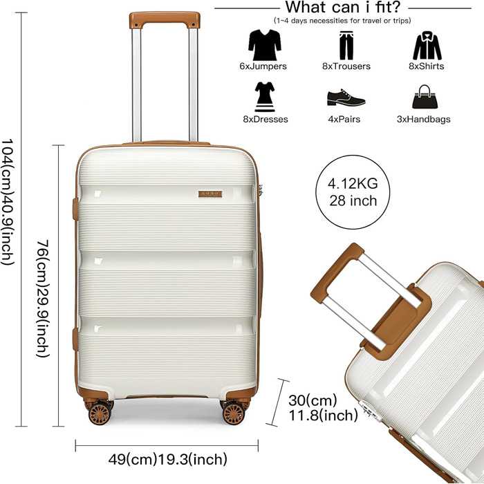 KONO Валіза ручної поклажі: жорсткий корпус, поліпропілен, TSA-замок, 4 колеса, кремовий колір