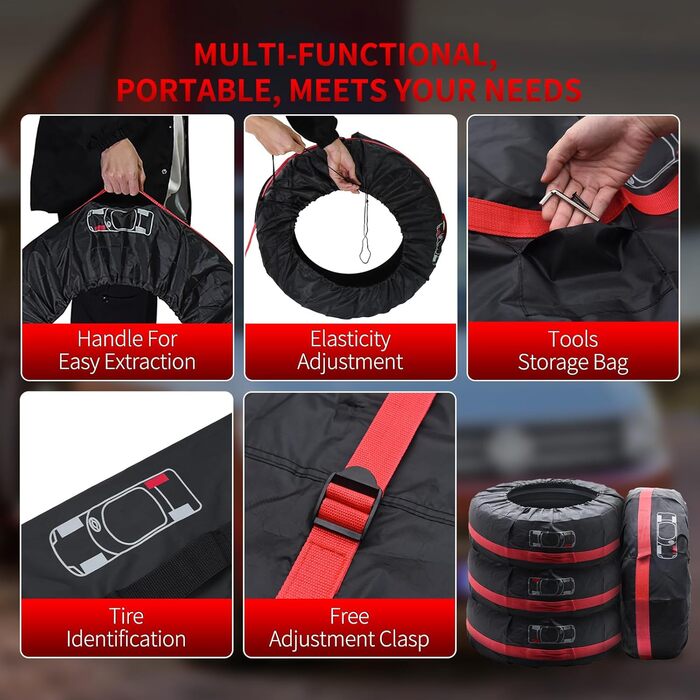 Набір чохлів для шин Geloo, 4 шт. Водонепроникні, пилонепроникні чохли для зберігання шин, 80 см, червоний та чорний, 18-22 дюйми