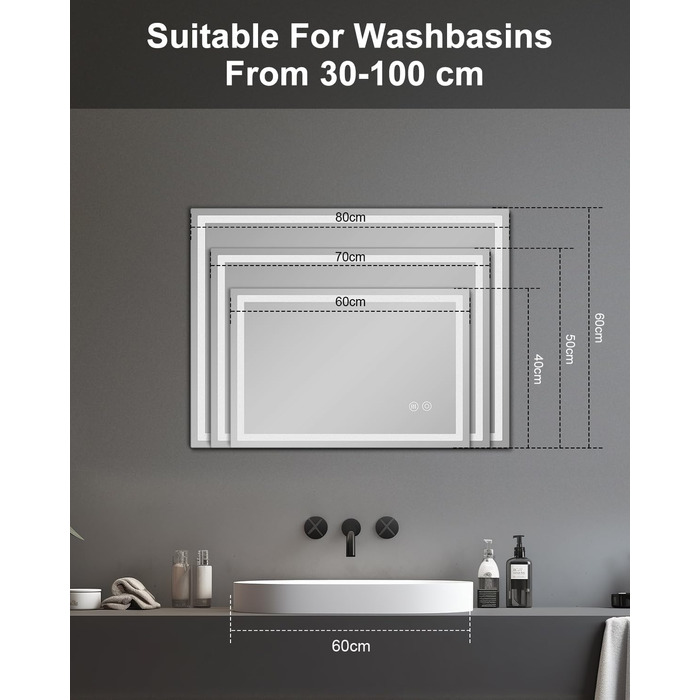 Дзеркало для ванної кімнати Habison з підсвічуванням LED, 50x70 см, сенсорне керування, регулювання яскравості, 3 колірні температури, функція пам'яті, антизапар, без Bluetooth