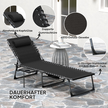 Шезлонг для відпочинку на сонце, розкладний садовий шезлонг з подушкою для голови, лежак з регульованою спинкою у 5 положеннях, до 120 кг