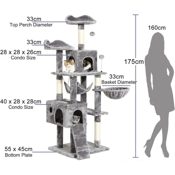 Котяче дерево з сизалевою мотузкою, плюш, лежачі печери, ігровий будиночок для середніх котів (сірий), 175