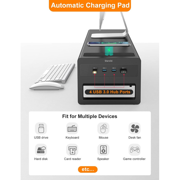 Підставка для монітора STARSIKI Два монітори, бездротова зарядка, 4 USB, металева, відмінно підходить для комп'ютерних моніторів.