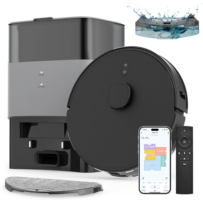 Робот-пилосос з функцією миття та станцією самоочищення, об'єм 3.5л, для килима та шерсті тварин, керування через додаток та Alexa, LiDAR навігація, час роботи 180хв (Чорний)