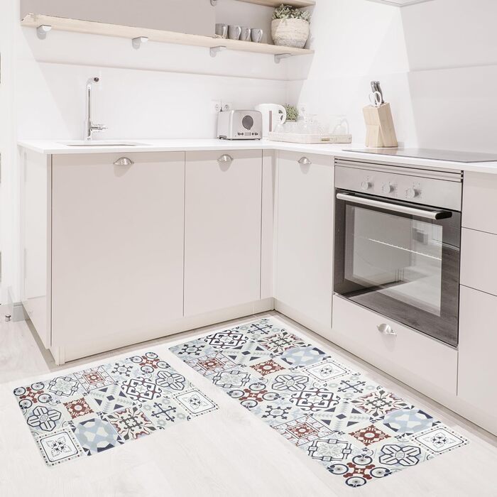 Кухонний килим Navaris 2 шт. миється нековзний м'який - набір килимових доріжок для кухні - товстий килимок проти втоми - дизайнерська кухонна доріжка з ПВХ - квіти сині сині квіти
