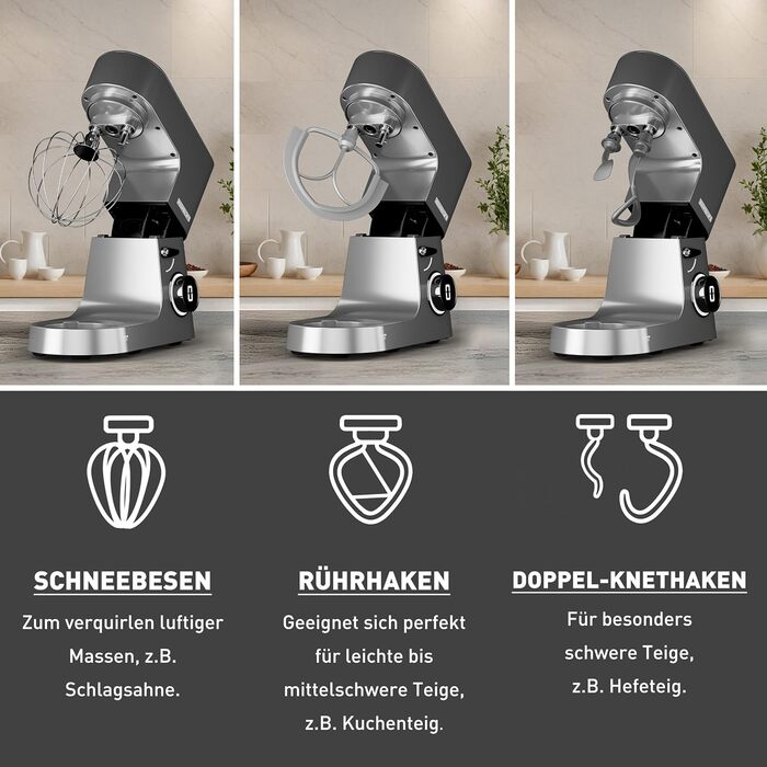 Кухонна машина Heinrichs 2500W з двома гаками для тіста, міксером та насадкою для збивання, 8 швидкостей, чаша 8л з нержавіючої сталі, тиха, з титановим покриттям