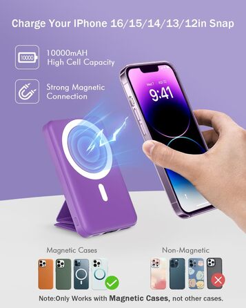 Складний, магнітний, PD 22.5W, LED, для iPhone 16-12 (темно-фіолетовий), 10000mAh