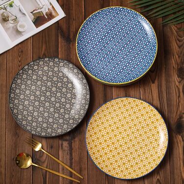 Набір тарілок Teller Set, 6 шт. Керамічні тарілки для їжі, 25.4 см, кольорові, вінтажний дизайн, для салату, стейку, основної страви, вечері