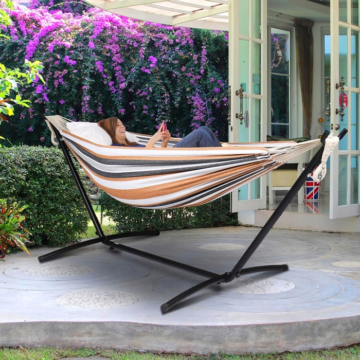 Двомісний гамак Carruzzo коричневий зі стійкою, витримує до 240 кг