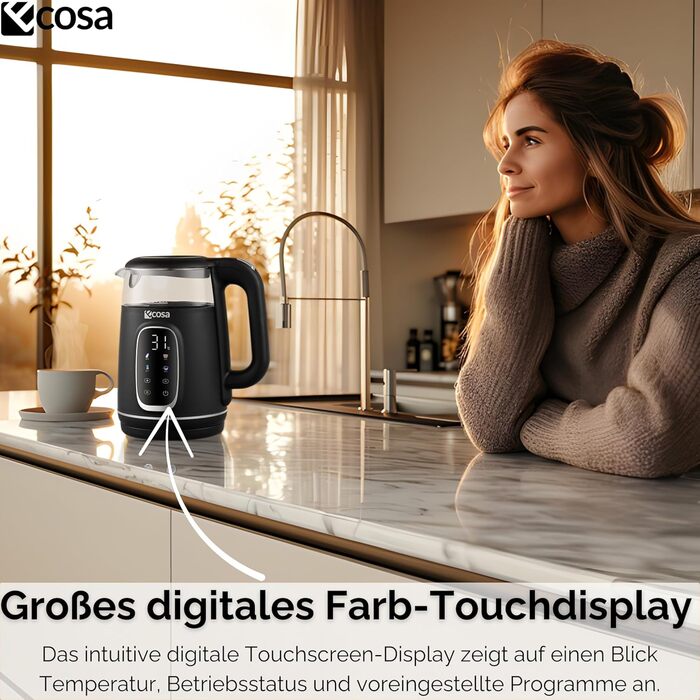 Електричний чайник Ecosa® зі скляною колбою та нержавіючою сталлю, 1,7 л, 2200 Вт, регулювання температури 40°C-100°C, підігрів, LED-підсвічування (Black Pearl)