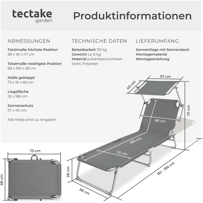 Шезлонг для саду Tectake з сонцезахистом, розкладний, для балкона/тераси, з регульованою спинкою, пляжний, до 110 кг - сірий