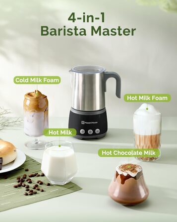 Електричний спінювач молока Maestri House 500 мл 4-в-1 з керуванням Smart Touch, функція пам'яті, для лате, гарячого шоколаду та теплого молока, чорно-сірий