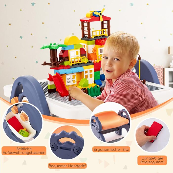 Дитячий стіл-трансформер DREAMADE 6-в-1 з місцем для сидіння, дошками для малювання/конструктора та ящиком для іграшок, 102 деталі, для дітей від 3 років (Модель 2)