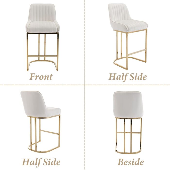 Набір з 2 барних стільців з велюру з золотистими ніжками, з підлокітниками та спинкою для кухонної стійки/домашнього бару (білий)