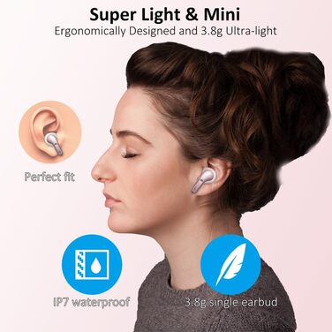 Навушники Bluetooth, 2024, 48 год бездротовий, Bluetooth 5.3, 3D Hi-Fi, мікрофон ENC, 3.8 г, IP7, світлодіод, USB-C, рожеве золото