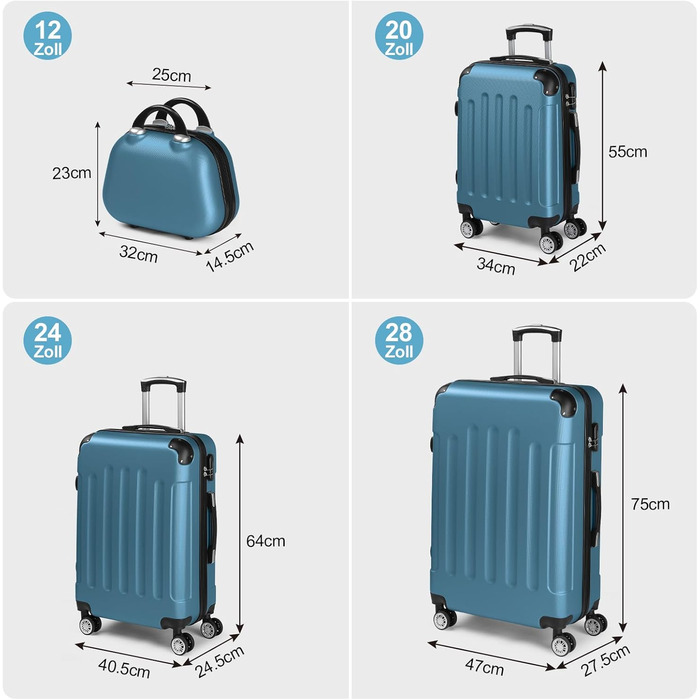 Набір валіз LALAHO 4 шт. з косметичними сумками, ABS, Navyblue (Синій, смужки)