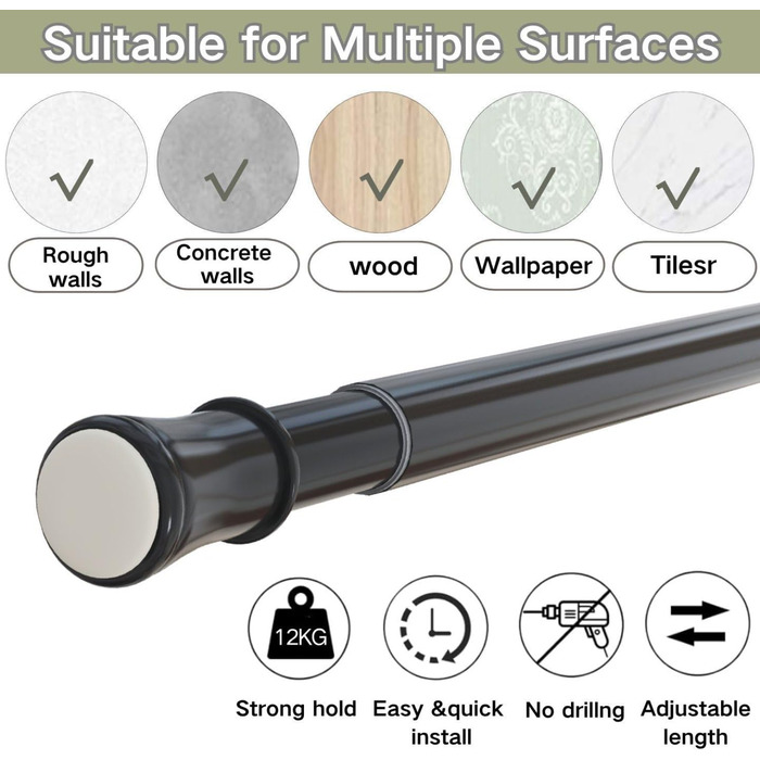 Телескопічний карниз для штор без свердління та гвинтів, розсувна штанга для ванної кімнати, гардероба та DIY-проєктів, 190-410 см, діаметр 32 мм, чорний
