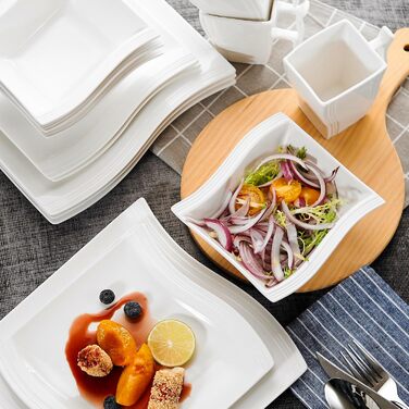 MALACASA Комплект посуду серії Flora – 60 предметів для 12 осіб – кремово-білий порцеляновий сервіз з квадратним дизайном (тарілки, чашки, блюдця) – підходить для миття в посудомийній машині та для використання в мікрохвильовій печі, білий