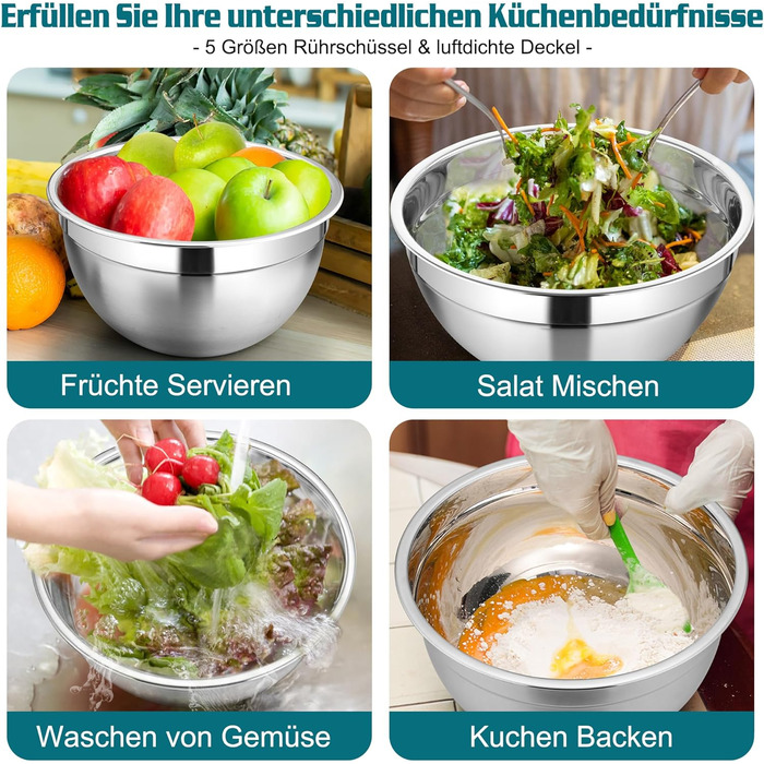 Набір мисок Homikit, 5 шт. з нержавіючої сталі, з кришкою та силіконовим дном, мультифункціональний, для салатів, 6.6L / 3.5L / 2.5L / 1.5L / 1L (блакитний, з 3 тертками)