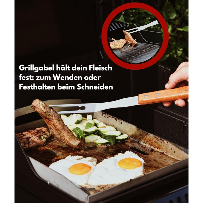 Набір для гриля: щипці, лопатка, виделка, щітка для чищення. Підходить для газових грилів. Подарунковий набір з нержавіючої сталі та акації (4 шт.)
