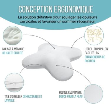 Дитяча подушка Inphysio з Memory Foam - бамбукова тканина, гіпоалергенна - для комфортного сну - ергономічна подушка для шиї - 50 x 30 x 5,5 см (Білий - Pure Schmetterling)
