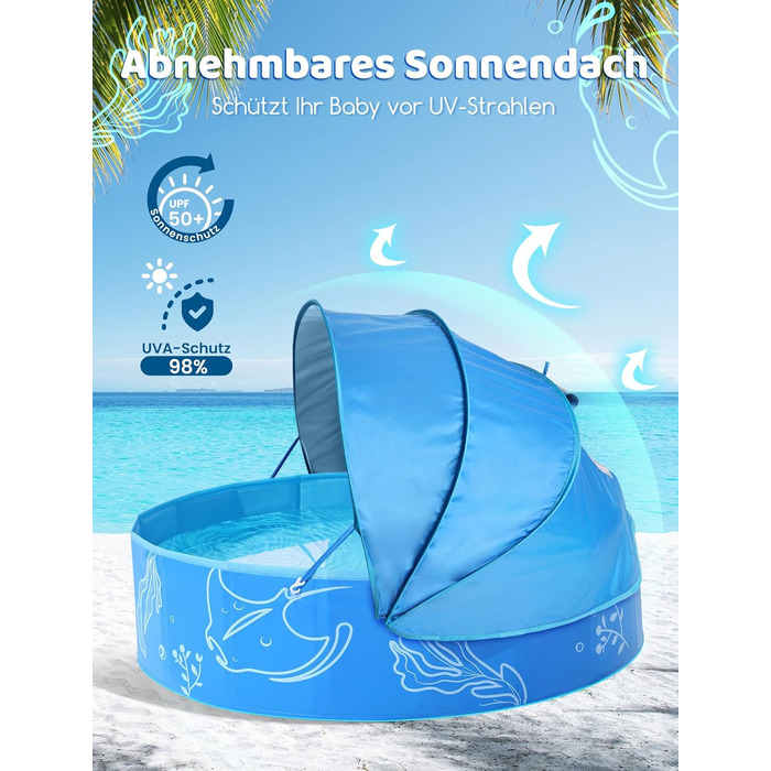 Надувне дитяче басейн з тінню 47 дюймів для пляжу, саду, дому (блакитний)